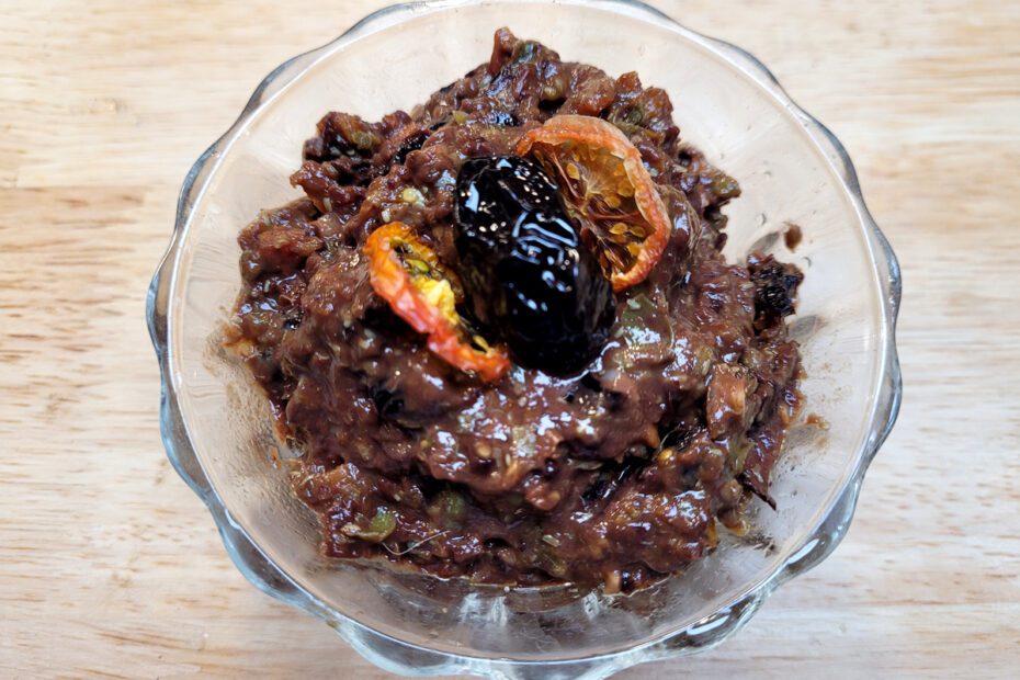 Tapenade with dried tomatoes, olives, garlic, and capers