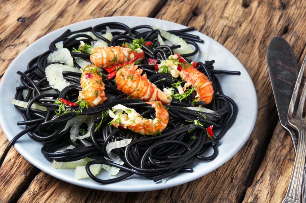 exquisite Italian dish - black pasta with seafood